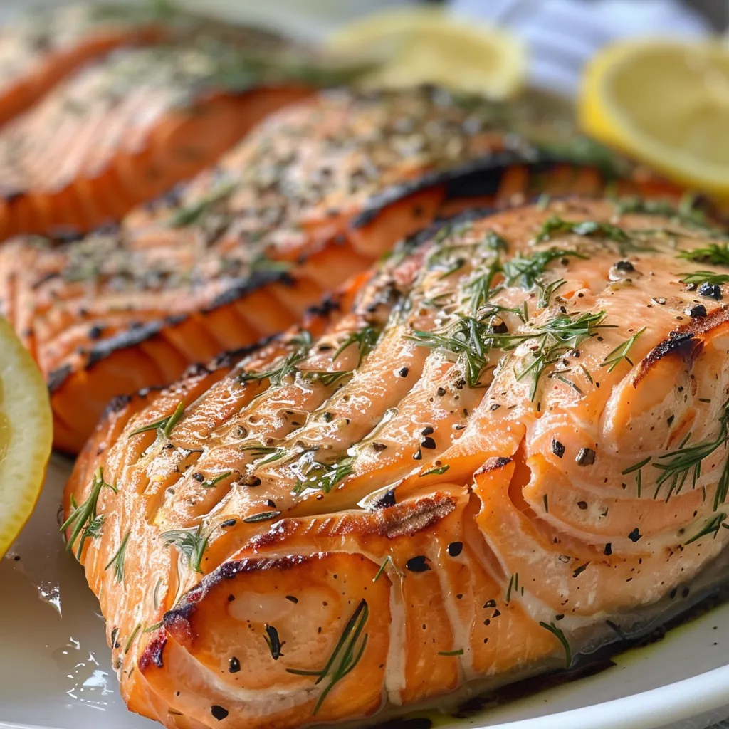 Side view of perfectly grilled salmon fillet, showcasing its flaky texture and vibrant color.