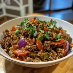 A close-up side view of a ground beef and quinoa bowl with colorful vegetables on top.