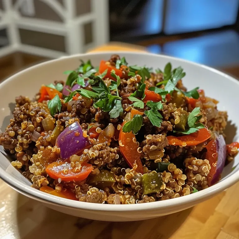 A close-up side view of a ground beef and quinoa bowl with colorful vegetables on top.