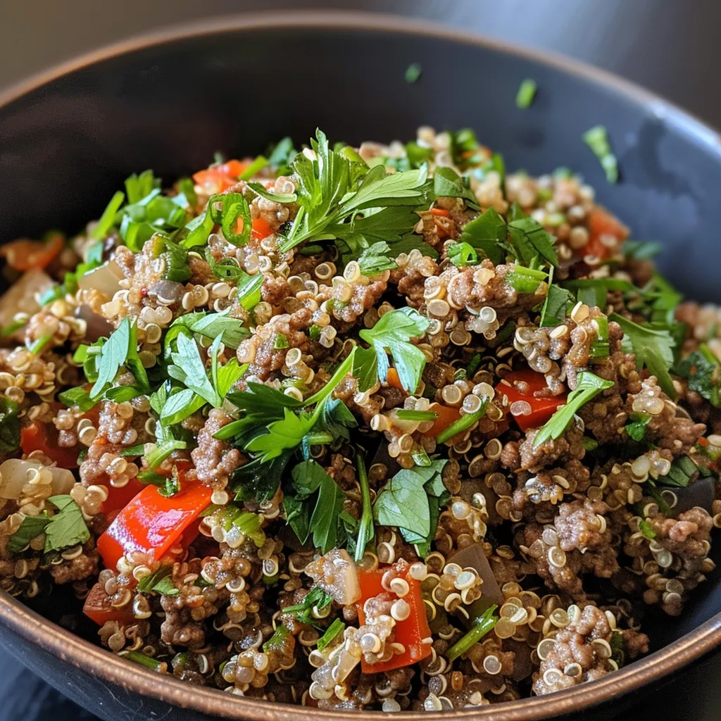 Juicy ground beef and quinoa bowl showcasing vibrant bell peppers and herbs.