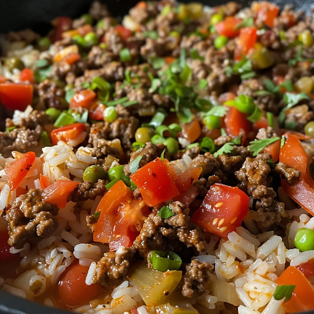 A mouthwatering ground beef and rice skillet showcasing juicy meat and colorful bell peppers.