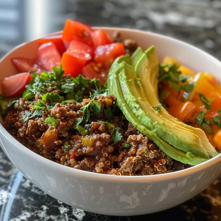A close-up view of a Ground Beef Quinoa Bowl featuring colorful vegetables and toppings.