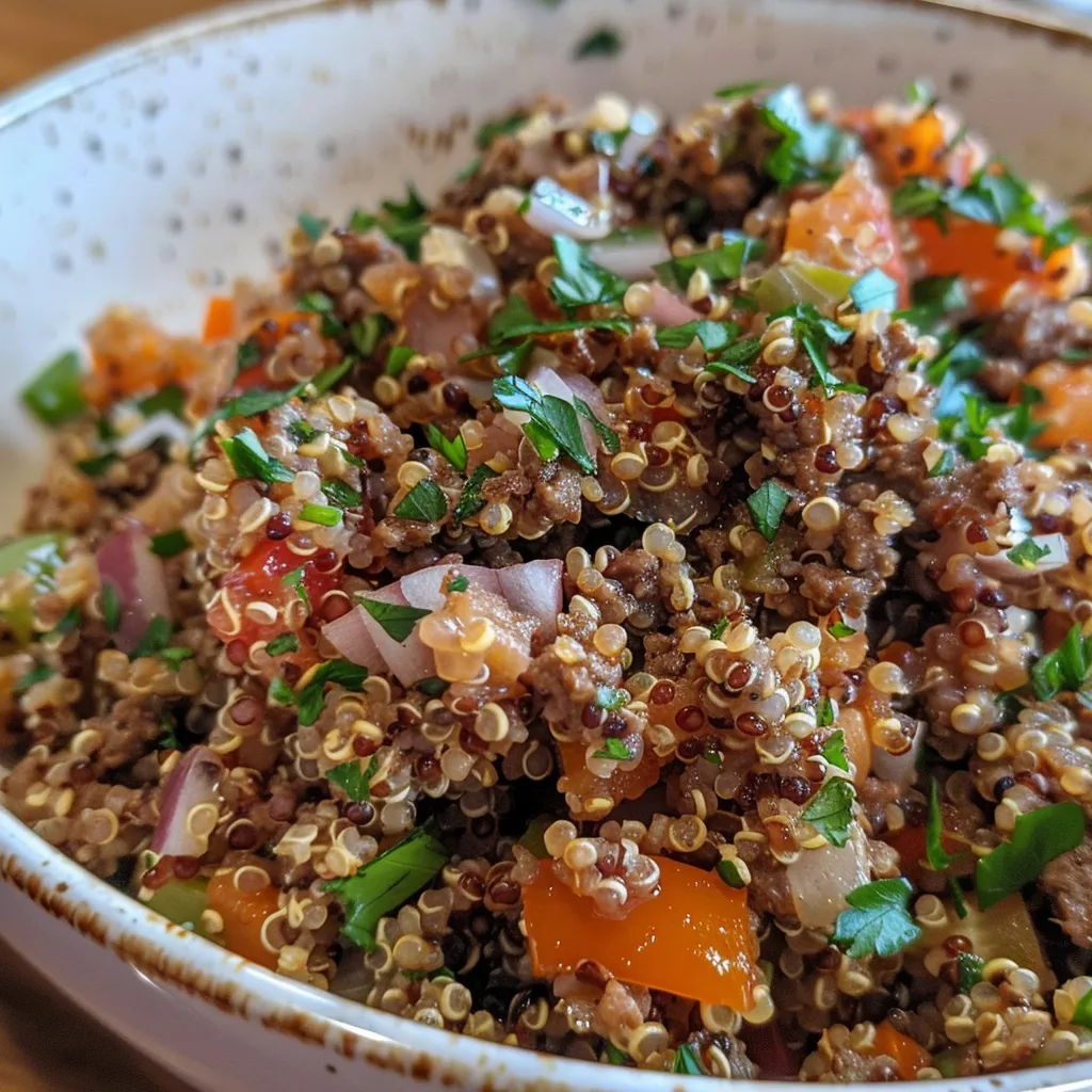 A side view of a Ground Beef Quinoa Bowl showcasing its ingredients and textures.