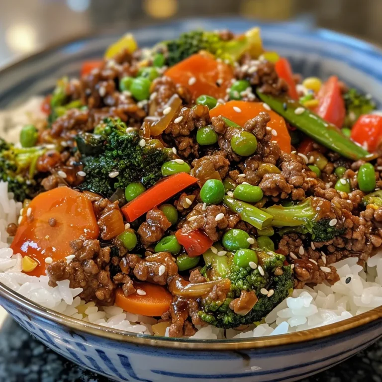 Nourishing Ground Beef Veggie Bowl for a Wholesome Meal A close-up view of a Ground Beef Veggie Bowl featuring colorful vegetables and rice.