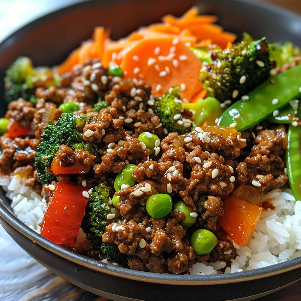 A side perspective of a juicy Ground Beef Veggie Bowl with fresh vegetables and seasonings.