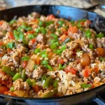 Juicy ground turkey and rice skillet with colorful vegetables in a pan.