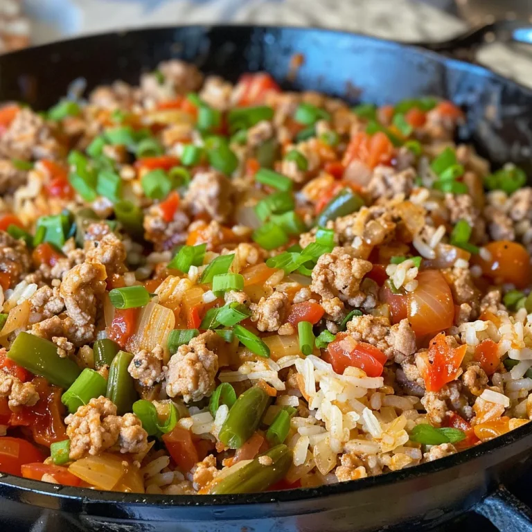 Juicy ground turkey and rice skillet with colorful vegetables in a pan.