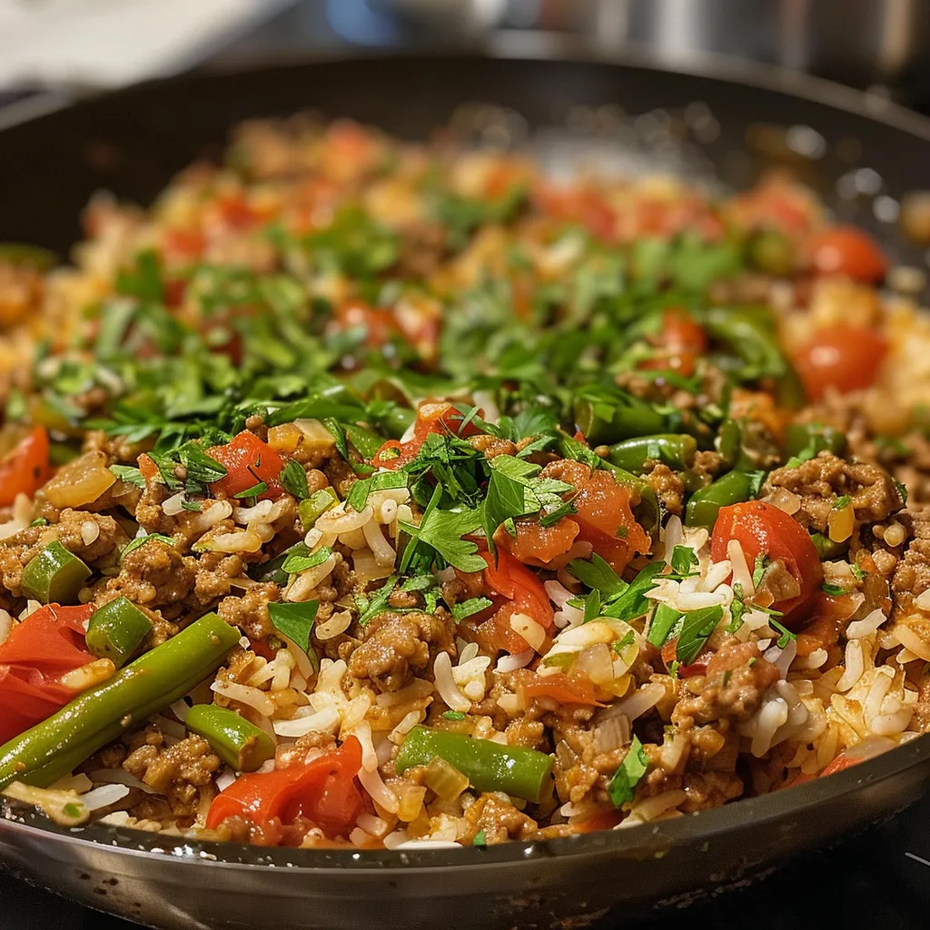 Close-up view of a skillet filled with ground turkey, rice, and green beans.