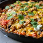 Close-up view of a sizzling ground turkey enchilada skillet, vibrant colors of bell peppers and cheese melting.