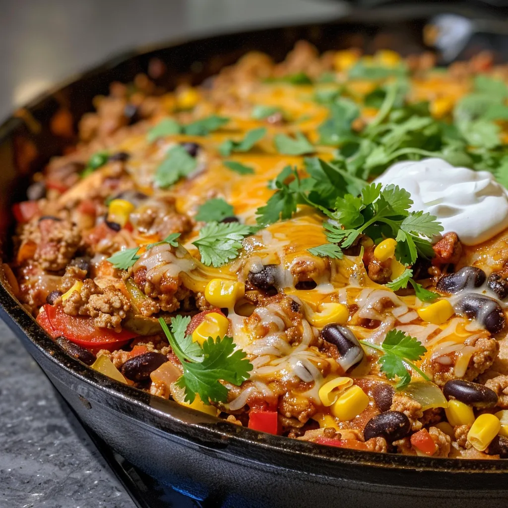 Side angle shot of a delicious ground turkey enchilada skillet, featuring black beans and tortillas mixed in.