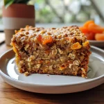 Close-up view of a slice of Healthy Apple Carrot Oatmeal Cake showcasing juicy apples and grated carrots.