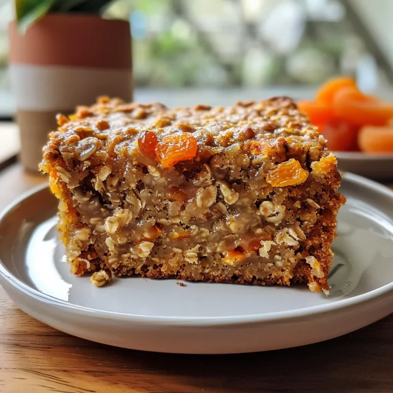 Close-up view of a slice of Healthy Apple Carrot Oatmeal Cake showcasing juicy apples and grated carrots.