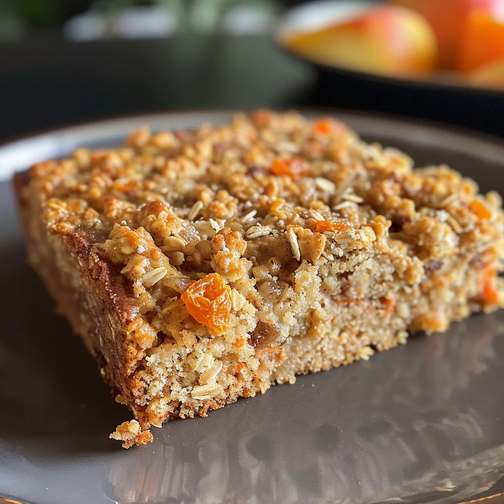 Side view of a moist Healthy Apple Carrot Oatmeal Cake, highlighting its texture and ingredients.