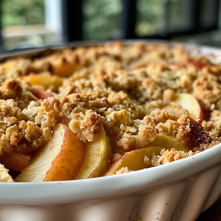 Close-up of a healthy apple crumble with sliced apples and oat topping.