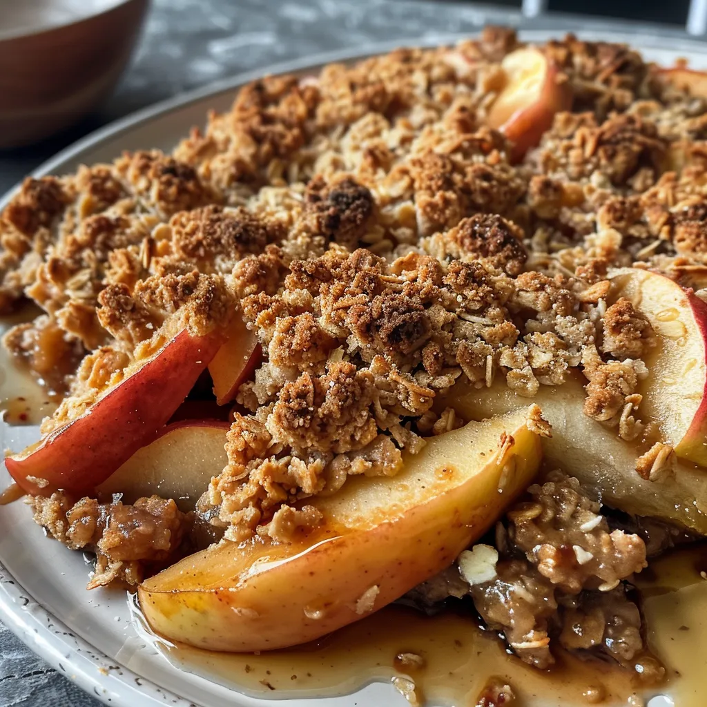 Side view of a baked apple crumble showcasing golden crust and juicy filling.