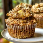 Close-up of Healthy Apple Oat Muffins, showcasing a golden-brown top with visible oats and apple pieces.