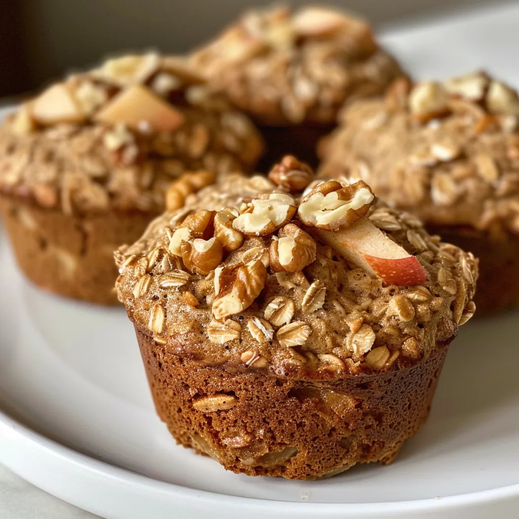 Side view of freshly baked Healthy Apple Oat Muffins, highlighting their textured surface and wholesome ingredients.
