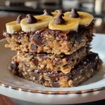 Close-up view of healthy banana chocolate chip oat bars, showcasing chocolate chips and a golden-brown texture.