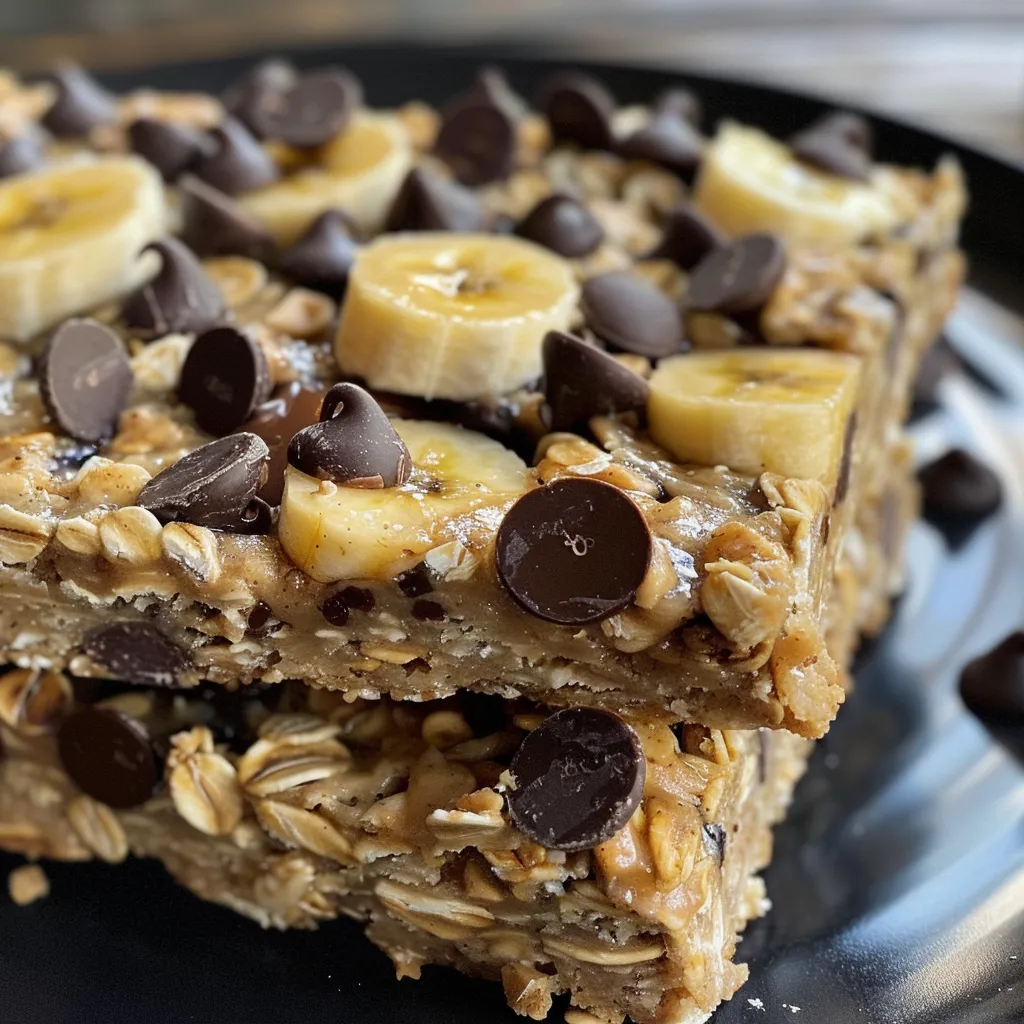 Side view of a stack of delicious banana chocolate chip oat bars, highlighting the moist interior and rich chocolate chips.