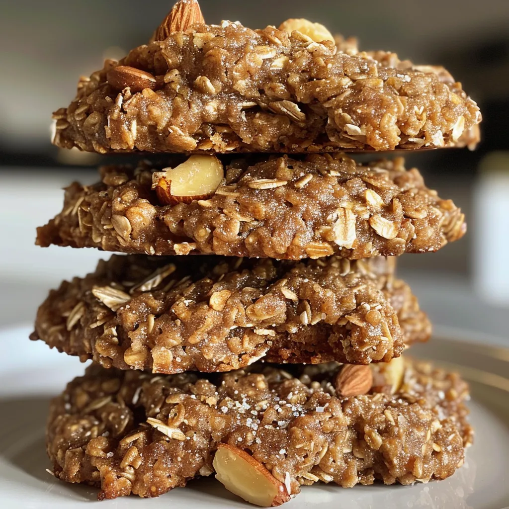 A side view of freshly baked banana oatmeal cookies on a rustic wooden surface.