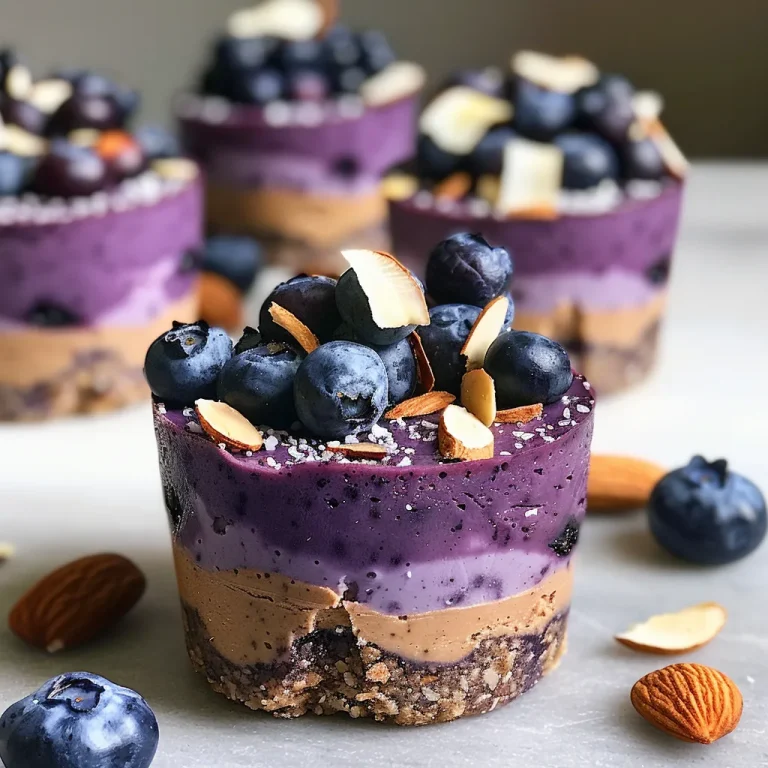 Close-up view of Healthy Blueberry Cheesecake Cups topped with fresh blueberries.