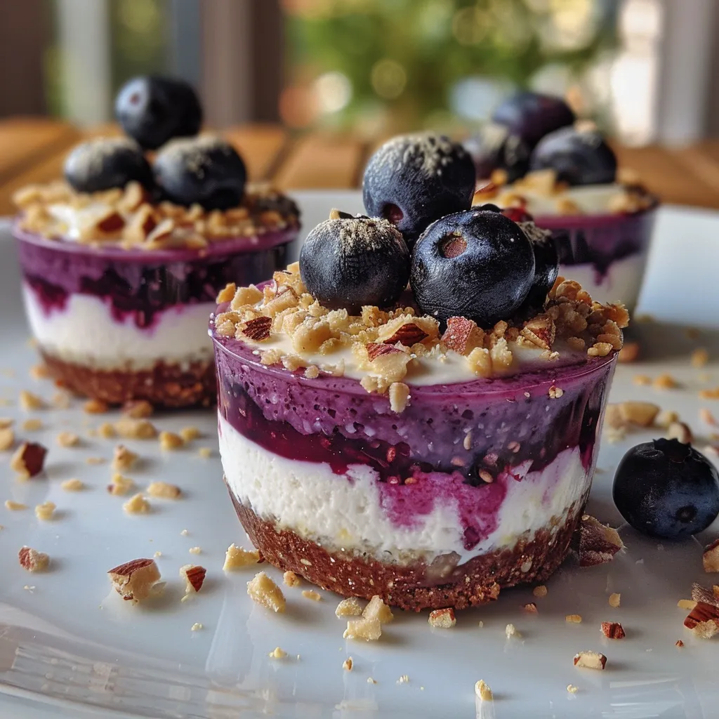 Delicious Healthy Blueberry Cheesecake Cups in a clear glass dish, showing layers and toppings.