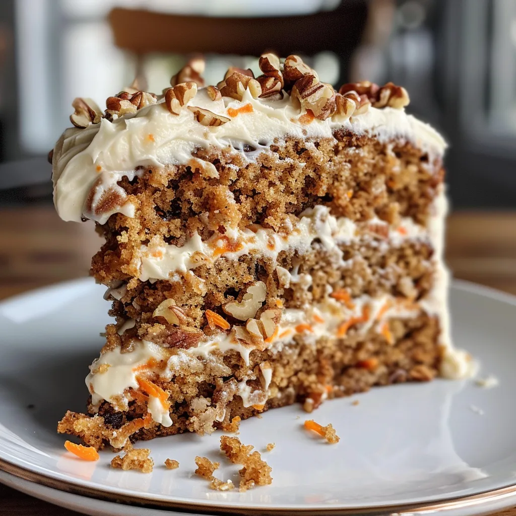 Side view of a delicious healthy carrot cake showcasing layers and toppings made from Greek yogurt.