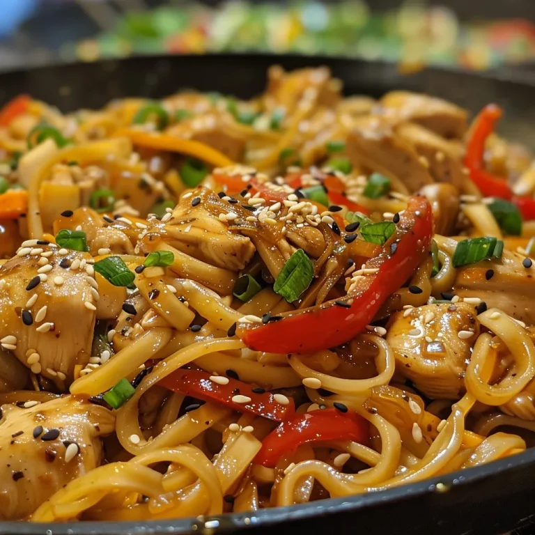 A close up of a colorful chicken noodle stir-fry with vegetables.