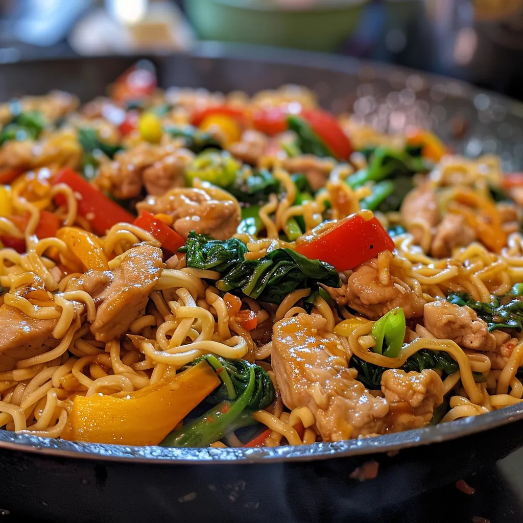 Juicy pieces of chicken and noodles stir-fried with vibrant vegetables.