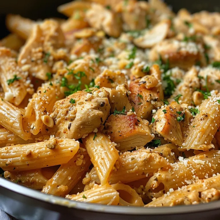 Close-up shot of Healthy Garlic Parmesan Chicken Pasta with chicken, spinach, and cheese.