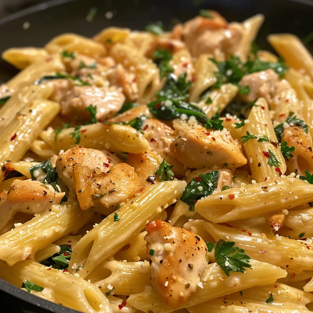 Juicy Garlic Parmesan Chicken Pasta featuring whole wheat penne, garnished with parsley.