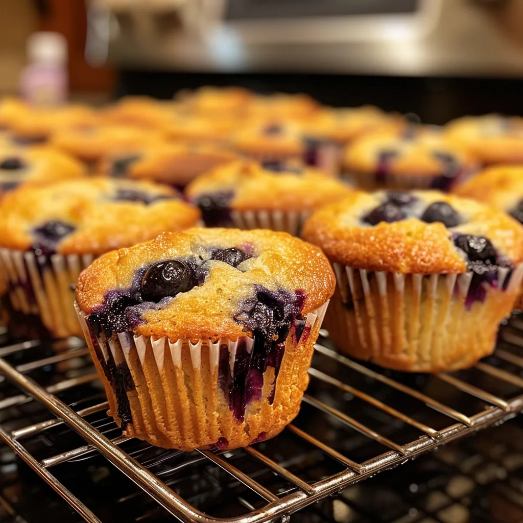 Side view of healthy Greek yogurt blueberry muffins on a wooden surface.