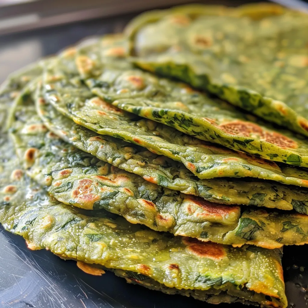 Side view of freshly made spinach tortillas, highlighting their texture and color variations.