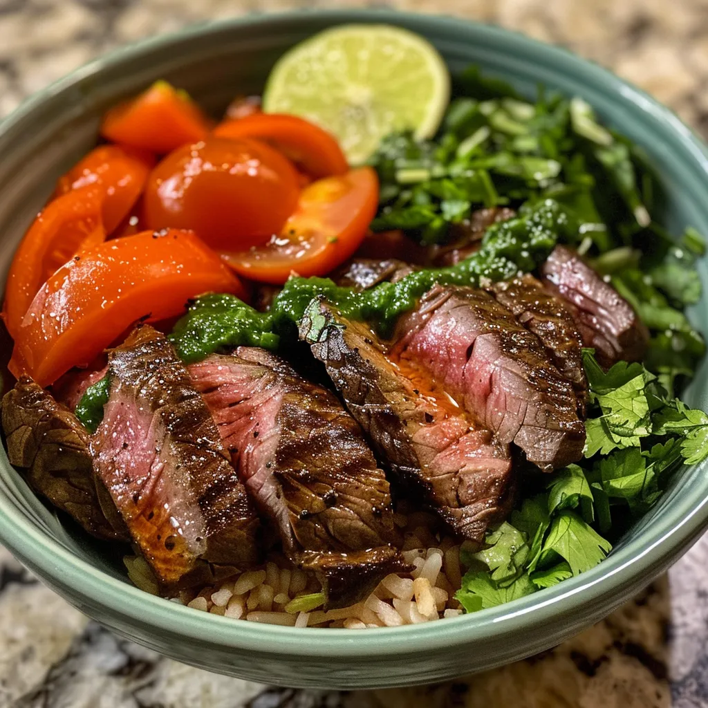 Side view of a colorful Healthy Steak Bowl featuring grilled steak and fresh toppings.