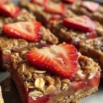Close-up view of healthy strawberry oatmeal bars with a golden brown crust and chunks of strawberries.