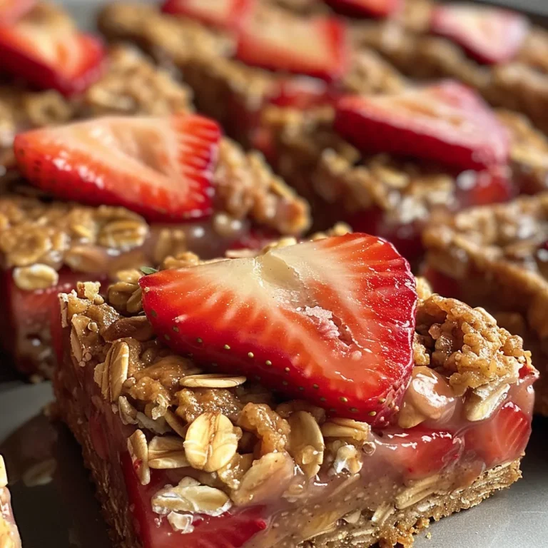 Close-up view of healthy strawberry oatmeal bars with a golden brown crust and chunks of strawberries.
