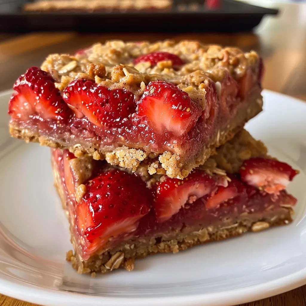 Side view of freshly baked strawberry oatmeal bars, showcasing their chewy texture and vibrant fruit filling.
