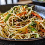 Close-up view of colorful vegetable pasta primavera with rainbow carrots and asparagus.