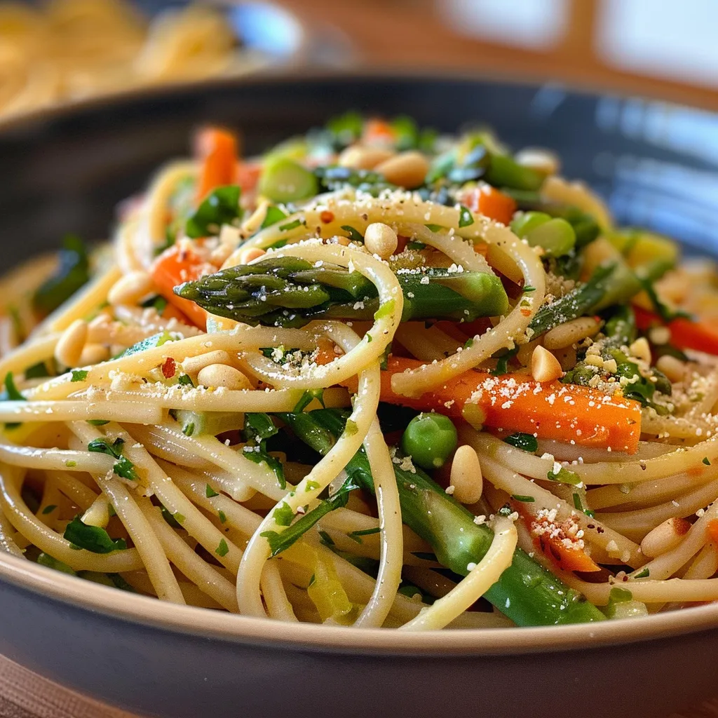 A vibrant plate of healthy vegetable pasta primavera featuring bronze-cut spaghetti and pine nuts.