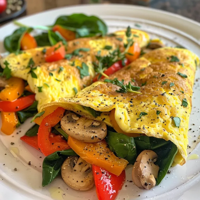 A close-up view of a colorful veggie omelette with spinach, mushrooms, and bell peppers.