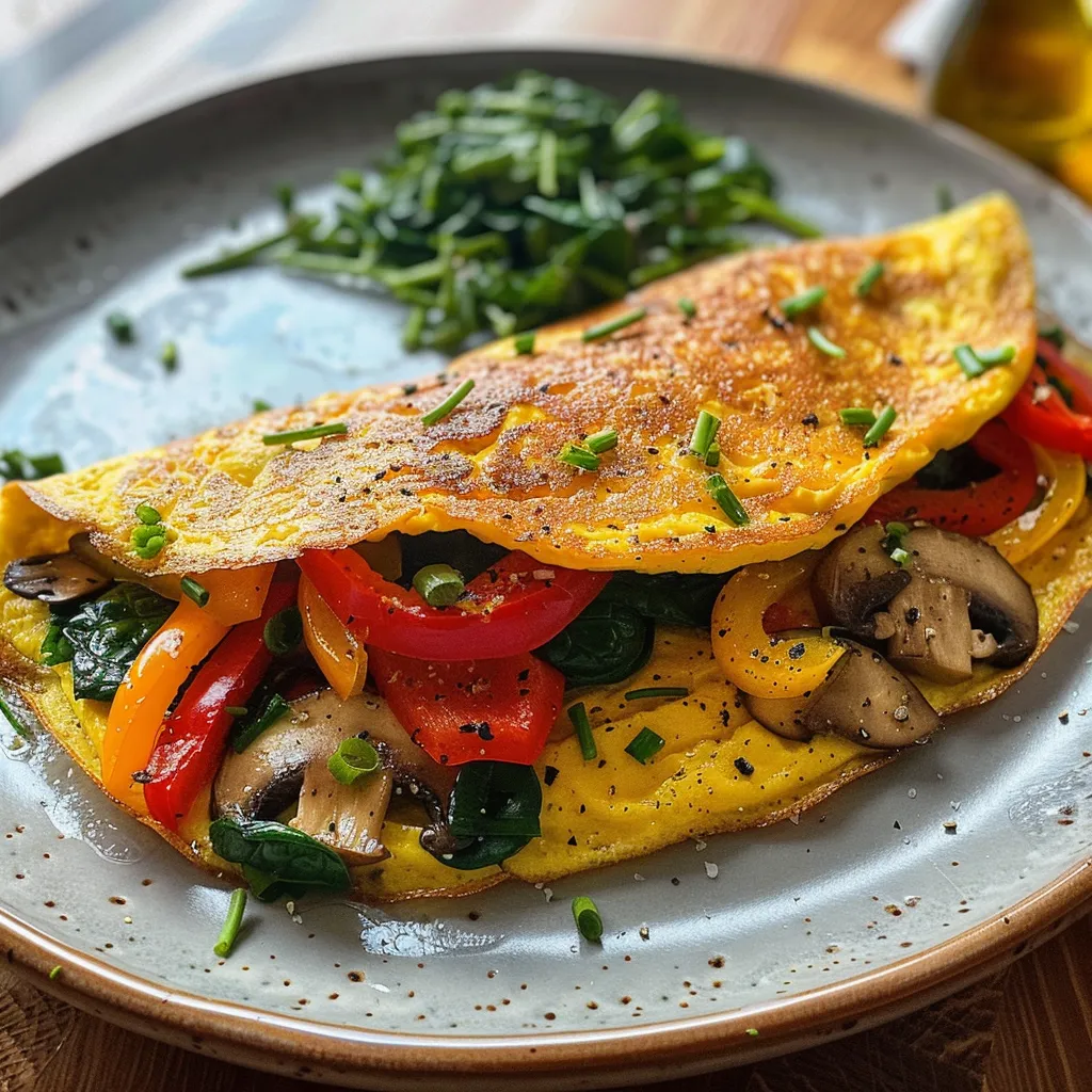 A side view of a healthy veggie omelette showcasing fresh ingredients like spinach and mushrooms.