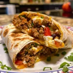 A close-up view of a delicious high protein breakfast burrito with a golden-brown tortilla, showcasing its filling ingredients.