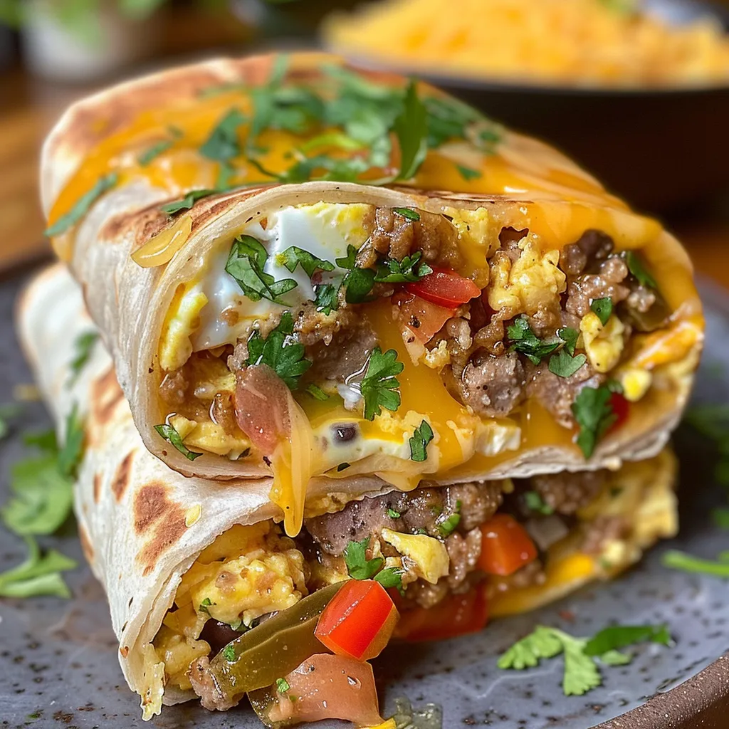 A side angle of a juicy breakfast burrito filled with scrambled eggs, sausage, and cheese, resting on a plate.