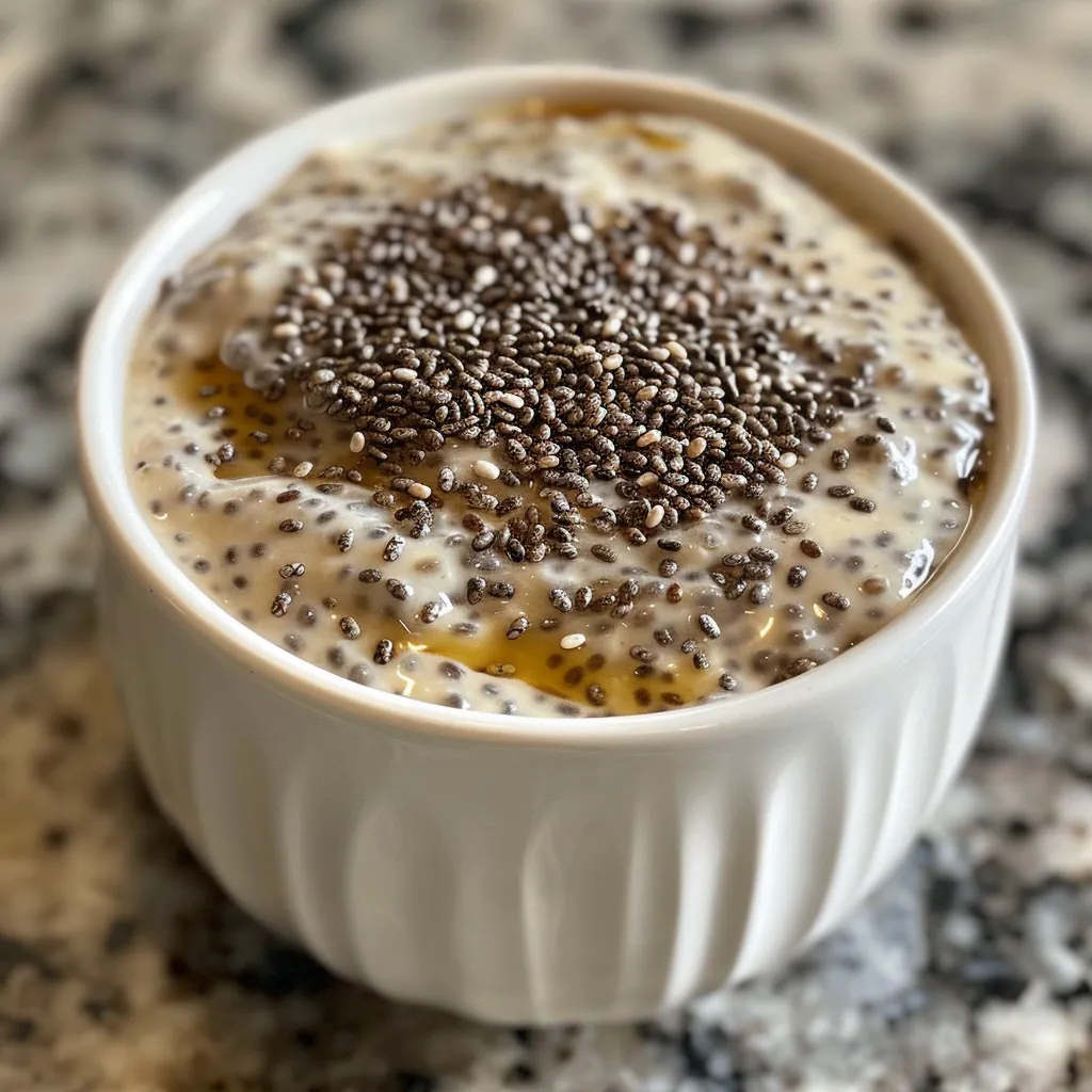 Side angle of high protein chia seed pudding in a glass bowl, showcasing its texture.