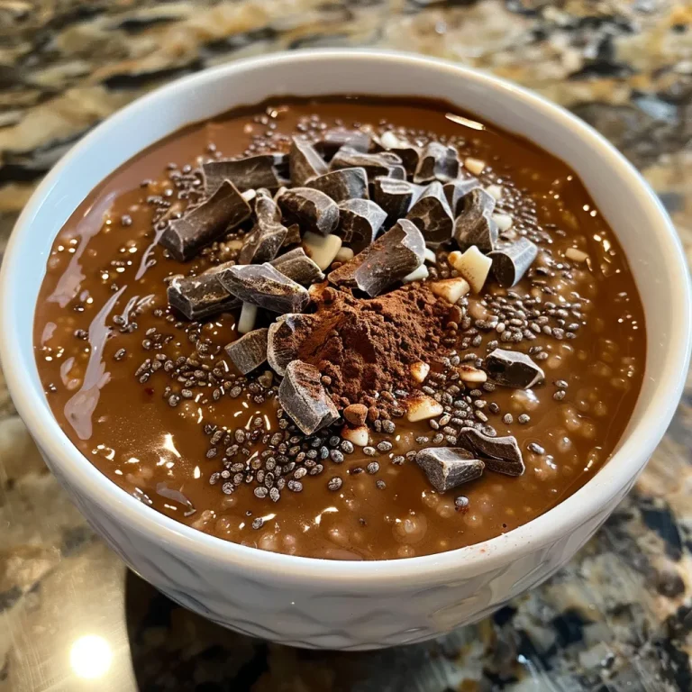 Close-up view of chocolate chia pudding topped with chia seeds and a drizzle of maple syrup.