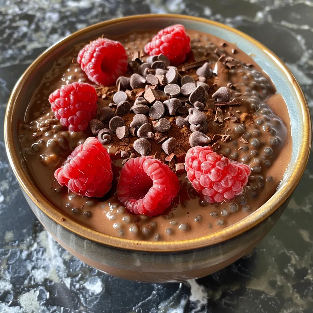 Side view of a glass filled with high protein chocolate chia pudding, showcasing its creamy texture.