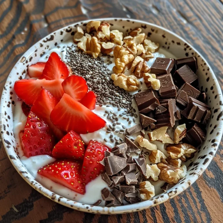 A colorful close-up of a high-protein Greek yogurt bowl with strawberries and chocolate.