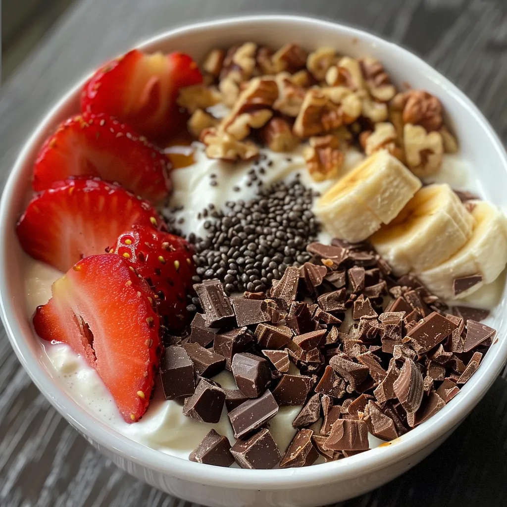 Side view of a creamy Greek yogurt bowl topped with fresh strawberries and walnuts.