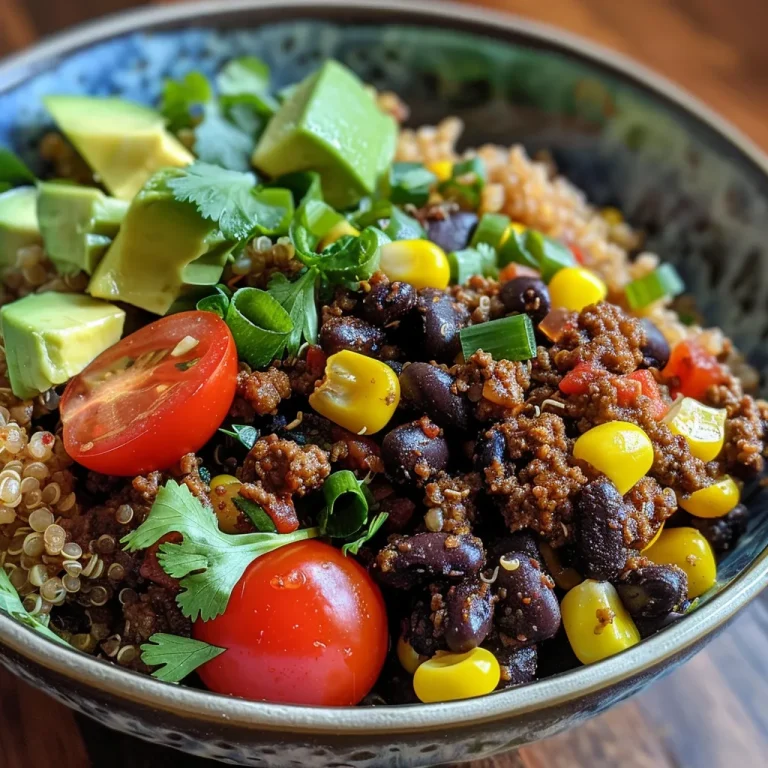 Juicy ground beef and quinoa bowl with cherry tomatoes and avocado.