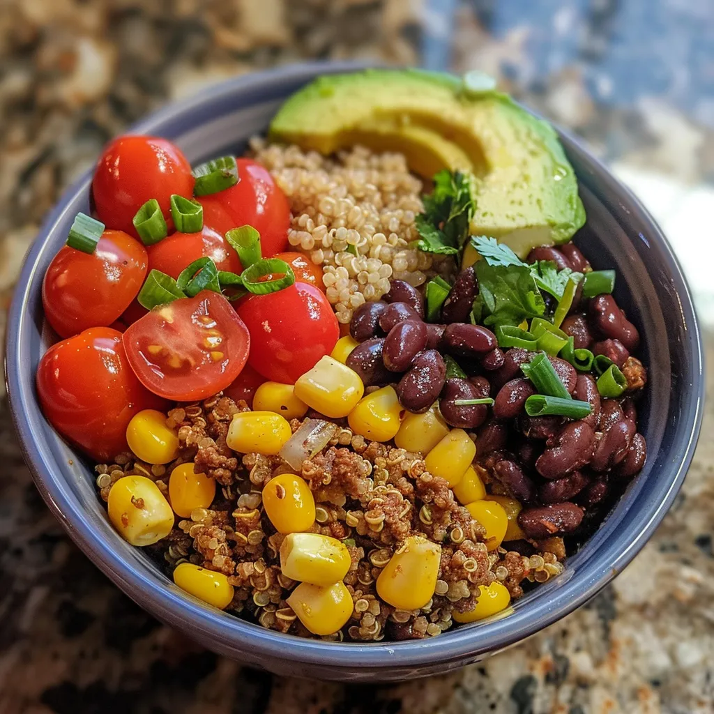 High protein bowl featuring ground beef, quinoa, and colorful toppings.